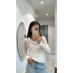 V Yaka uzun Kollu Triko ince Bluz - Beyaz