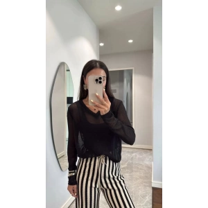 V Yaka uzun Kollu Triko ince Bluz - Siyah