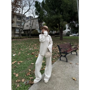 Yakalı Cizgi Detaylı Triko İkili Takım - Beyaz