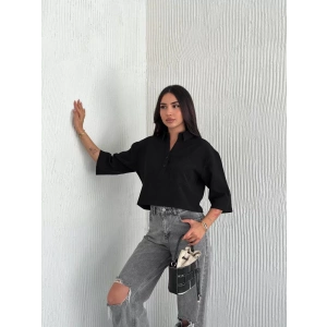 Z Krep Kadın Crop Yakalı Gömlek İlik Düğmeli Üç Çeyrek Sleeve Kol - Siyah