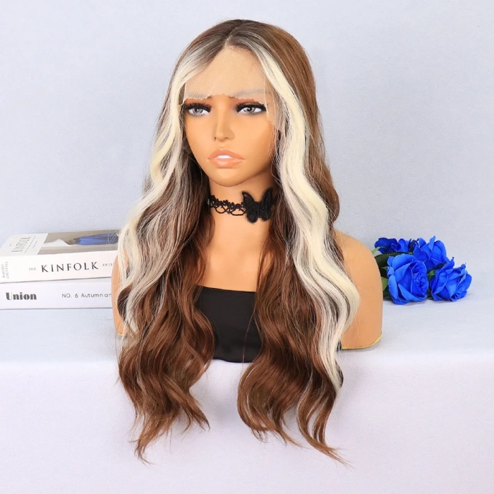 Açık Kahverengi / Platin Perçemli Su Dalgalı Tül Peruk