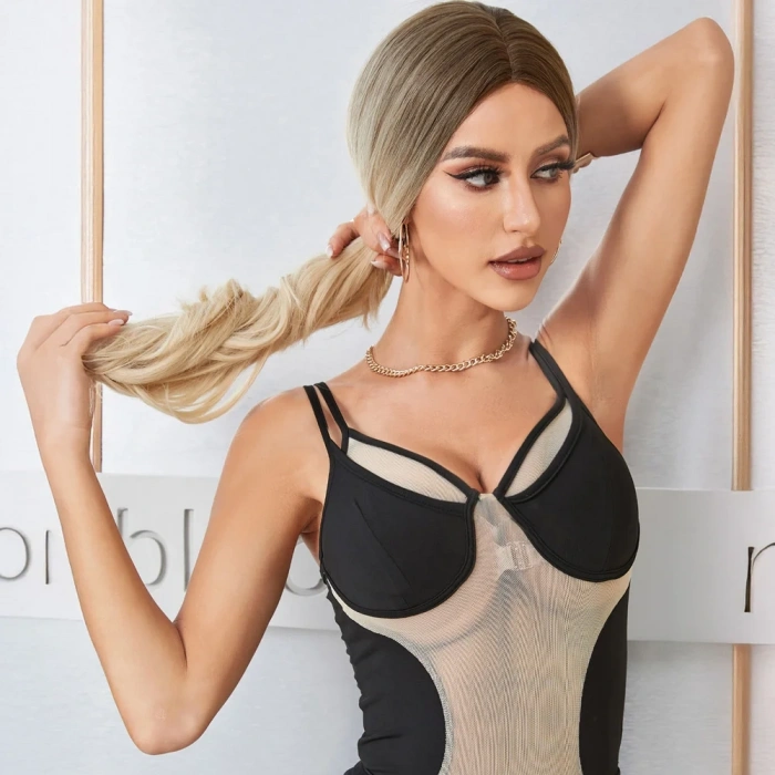 Açık Kumral Platin Ombreli Dalgalı Tül Peruk