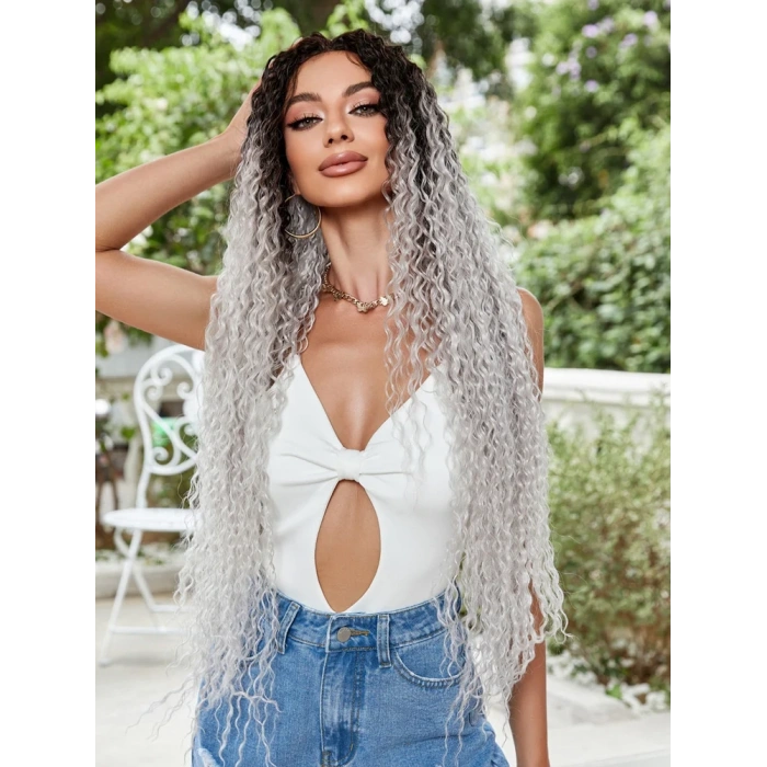 Afro Dalga Fiber Sentetik Tül Peruk - Siyah / Gri Ombreli