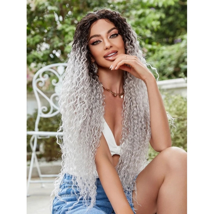 Afro Dalga Fiber Sentetik Tül Peruk - Siyah / Gri Ombreli