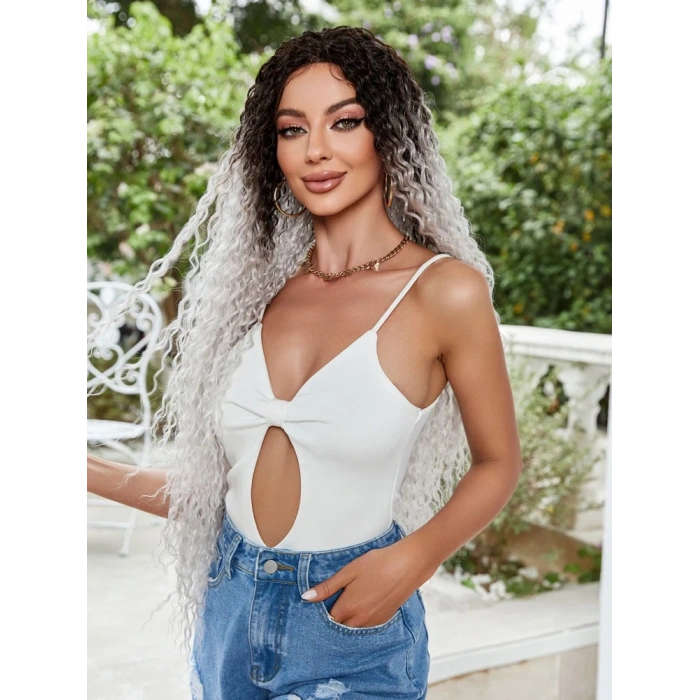 Afro Dalga Fiber Sentetik Tül Peruk - Siyah / Gri Ombreli