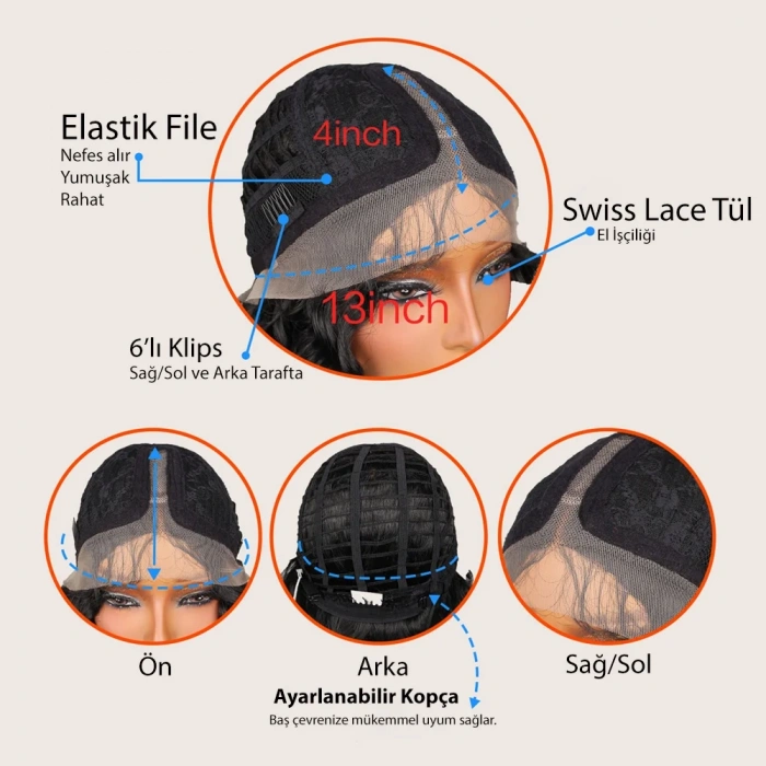 Afro Dalga Koyu Bakır Fiber Sentetik T Tül Peruk