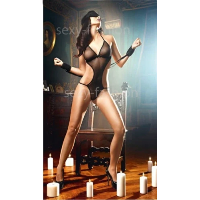 Bacio  Fantezi Siyah Maskeli Kelepçeli Seksi Tül Gecelik  BC3230