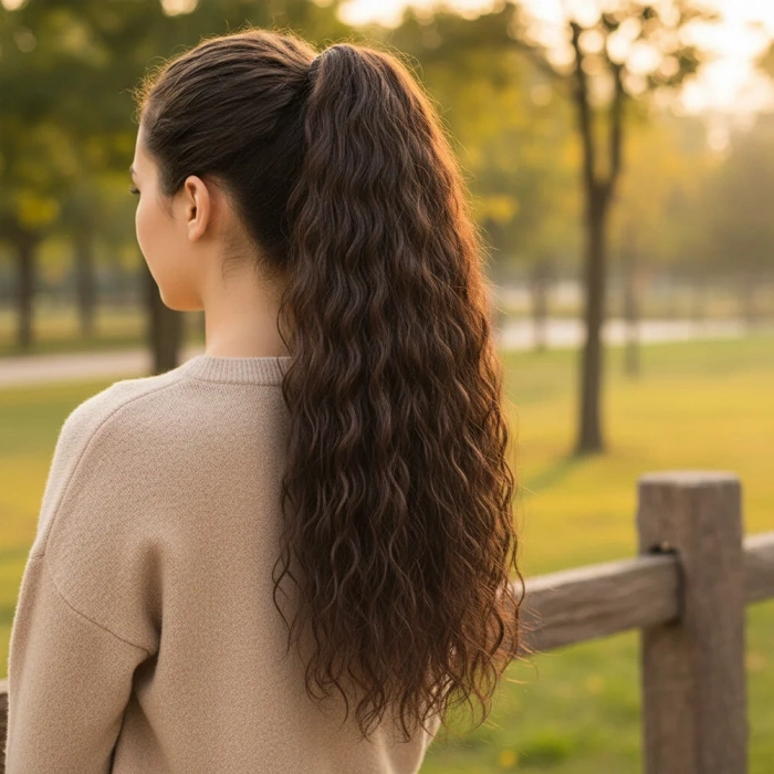 Bağlamalı Kabarık Dalgalı At Kuyruğu - Kahve Karamel