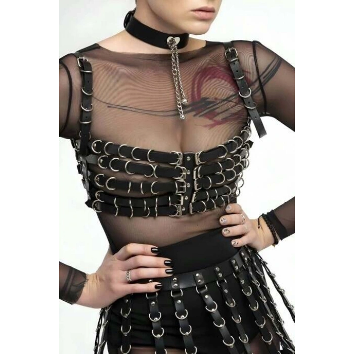 Beşli Göğüs Bağlamalı Ve Etek Deri Harness - Brf891