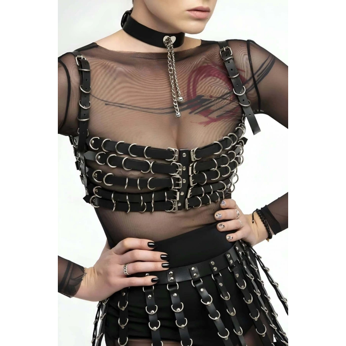 Beşli Göğüs Bağlamalı Ve Etek Deri Harness - Brf891