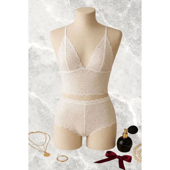 Beyaz Dantel Bralet Şort Takımı Askılı Şık Kadın Ev Giyim