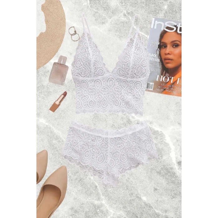 Beyaz Dantel Bralet Şort Takımı Askılı Şık Kadın Ev Giyim