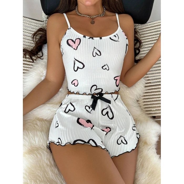 Beyaz Kalp Desen Detaylı 2li Pijama Takımı