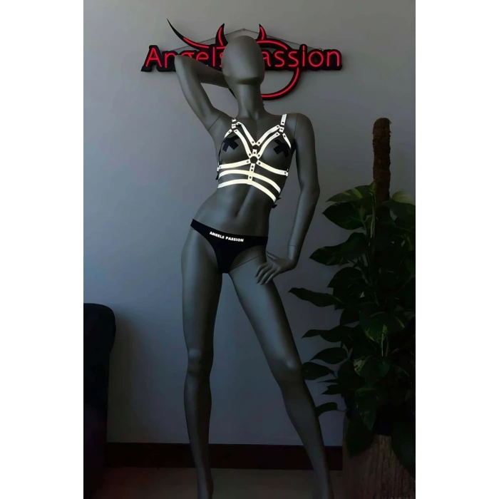 Beyaz Reflektörlü Erotik Giyim Göğüs Üzeri Harness - APFT296