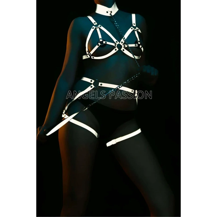 Beyaz Reflektörlü Tasmalı Seksi Harness Takım - APFT311