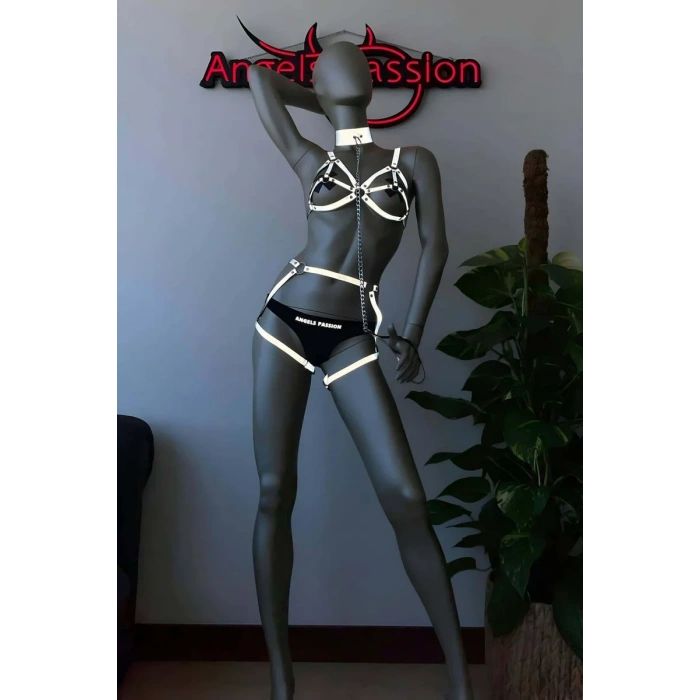 Beyaz Reflektörlü Tasmalı Seksi Harness Takım - APFT311