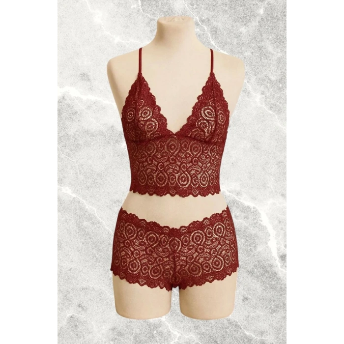 Bordo Dantel Bralet Şort Takımı Askılı Şık Kadın Ev Giyim