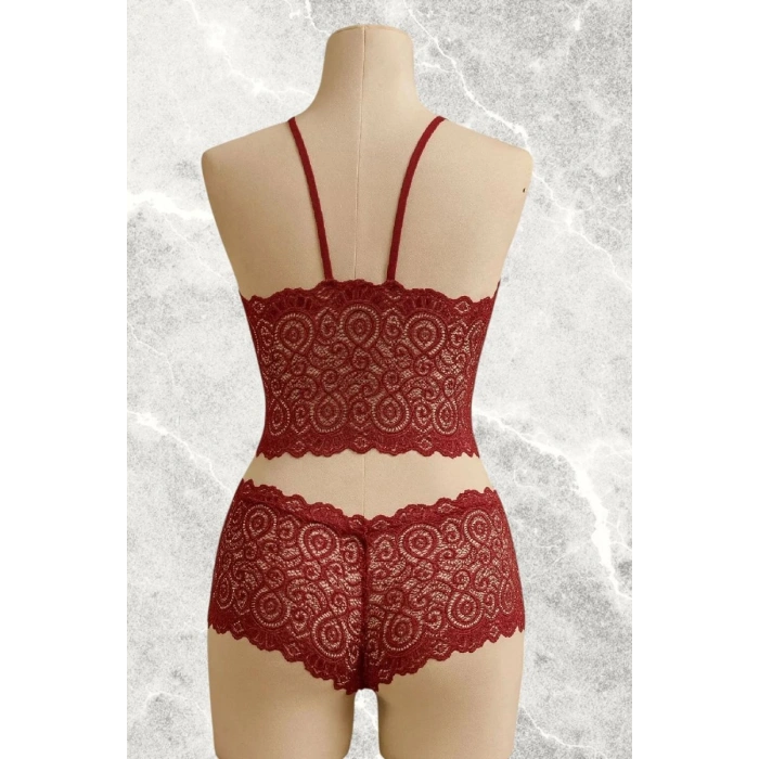 Bordo Dantel Bralet Şort Takımı Askılı Şık Kadın Ev Giyim
