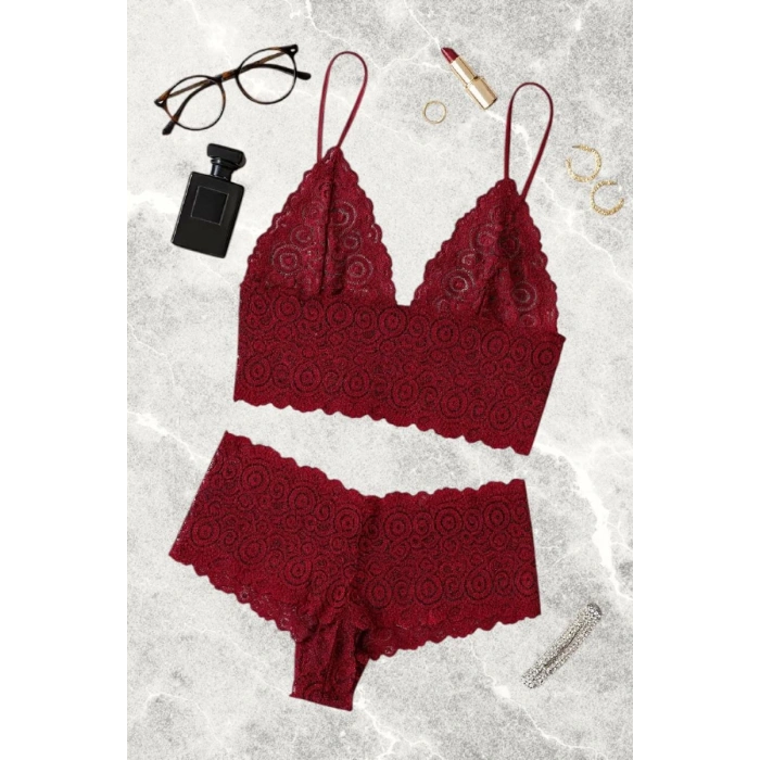 Bordo Dantel Bralet Şort Takımı Askılı Şık Kadın Ev Giyim