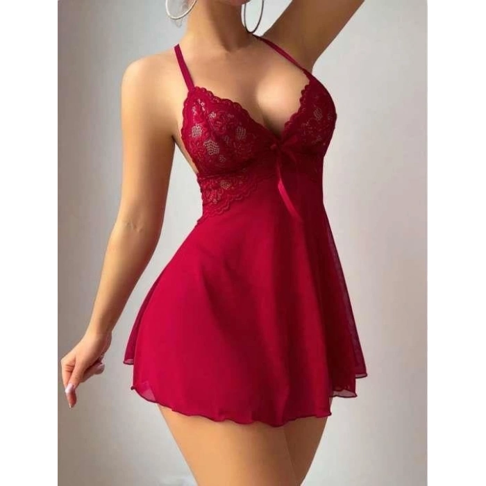 Bordo Dantel İşlemeli Boyundan Bağlamalı Likralı Fantezi Tül Gecelik