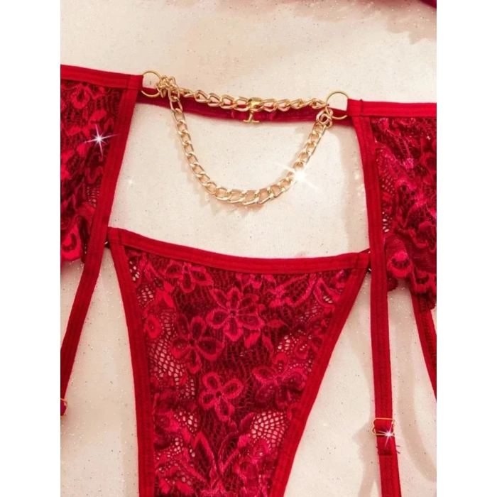 Bordo ,  Gold Zincirli Jartiyer Takımı