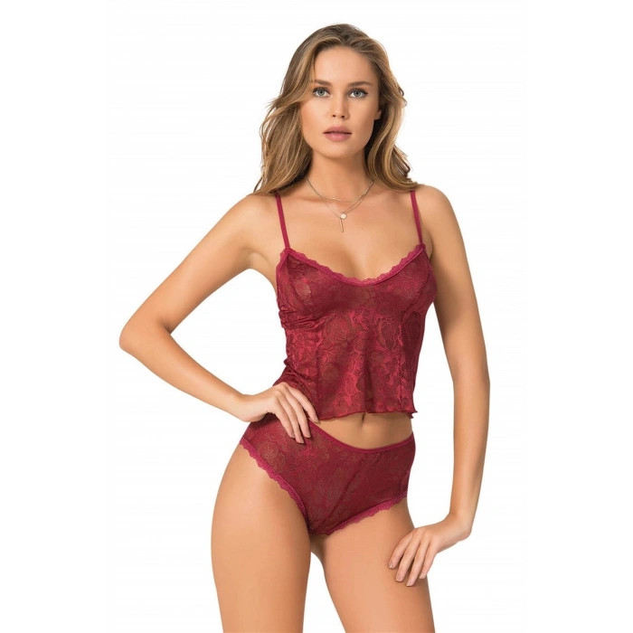 Bordo Jakarlı Babydoll Şort Takımı Zarif Kadın Gece Giyim