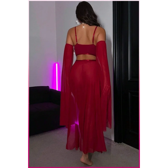 Bordo Pul Aksesuarlı Tül Etekli Kadın Seksi Gecelik