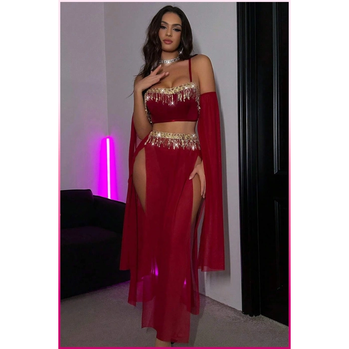 Bordo Pul Aksesuarlı Tül Etekli Kadın Seksi Gecelik