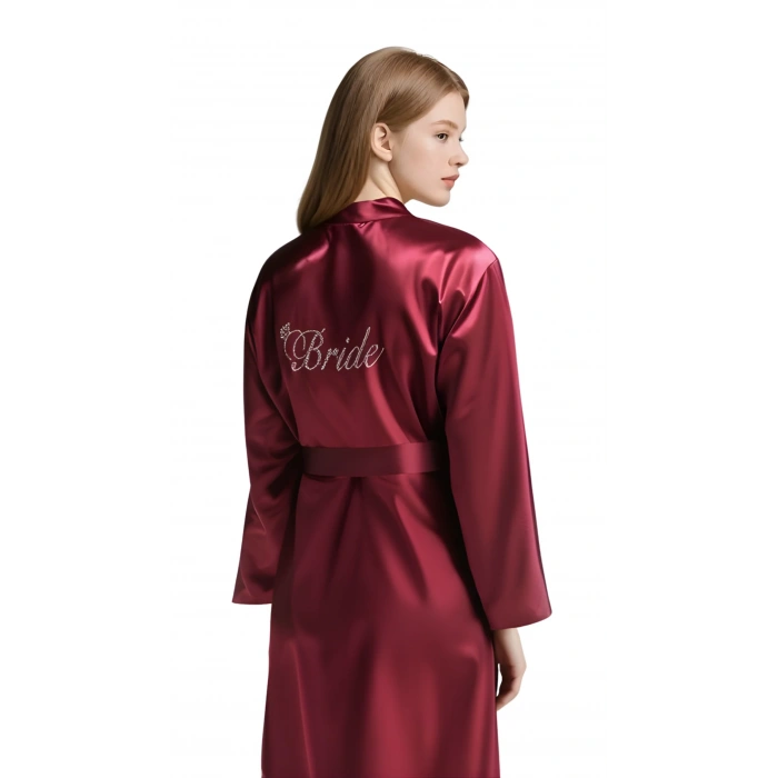 Bordo Saten Bride Sabahlık Zarif Kadın Ev Giyim