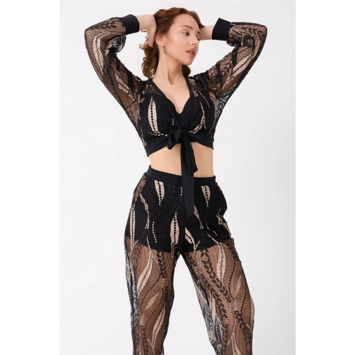Bralet Sütyen Transparan Gömlek Ve Pantolon Takım Siyah