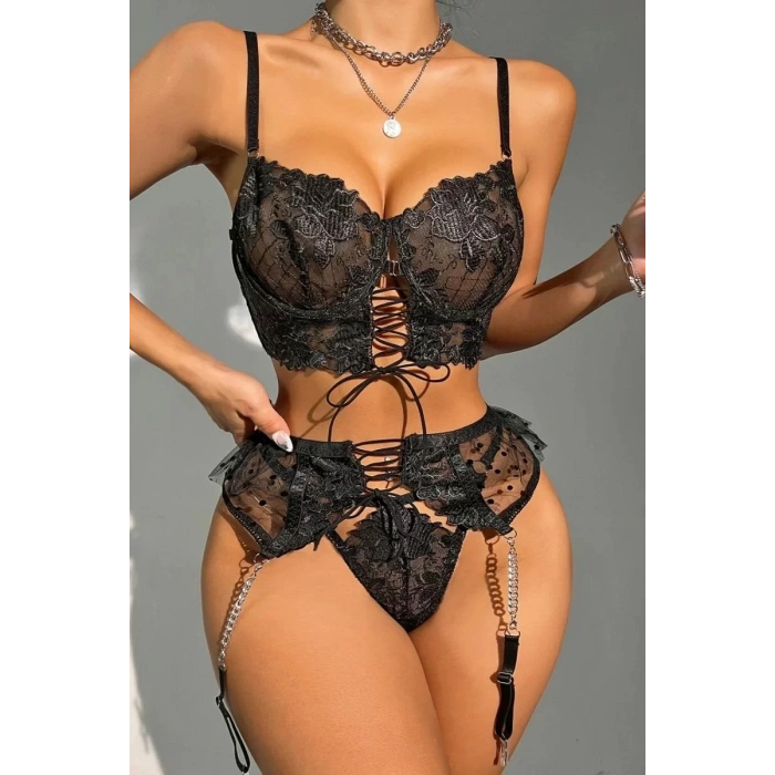 Büstiyerli Dantel Fantezi Siyah Jartiyer Takımı
