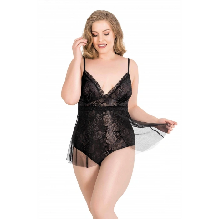 Büyük Beden Siyah Bodysuit Jakarlı Gecelik