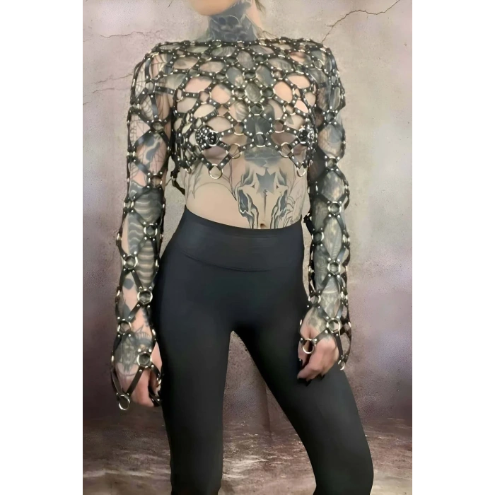 Çapraz Tasarım Uzun Kollu Deri Crop Bağlamalı Büstiyer Harness- APFT1076