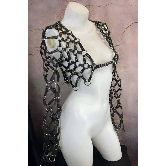 Çapraz Tasarım Uzun Kollu Deri Crop Bağlamalı Büstiyer Harness- APFT1076