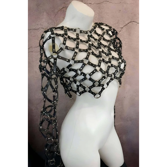 Çapraz Tasarım Uzun Kollu Deri Crop Bağlamalı Büstiyer Harness- APFT1076