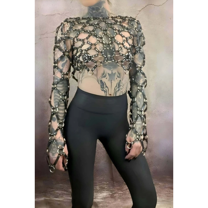 Çapraz Tasarım Uzun Kollu Deri Crop Bağlamalı Büstiyer Harness- Brf1076