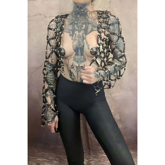Çapraz Tasarım Uzun Kollu Deri Crop Bağlamalı Büstiyer Harness- Brf1076