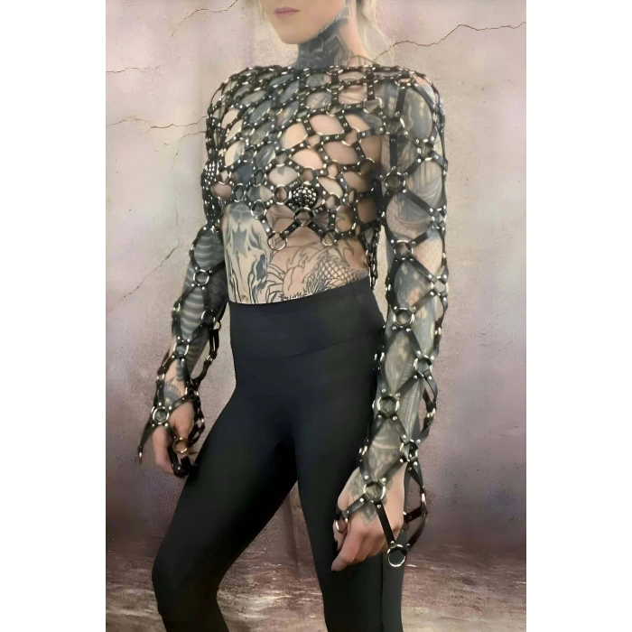 Çapraz Tasarım Uzun Kollu Deri Crop Bağlamalı Büstiyer Harness- Brf1076