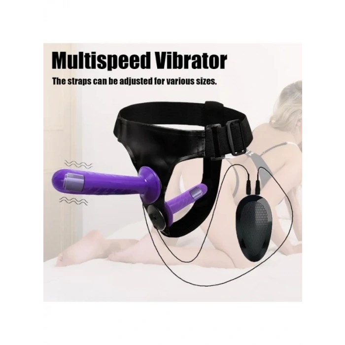 Censan Mor Double Dong Titreşimli Belden Bağlamalı Çift Taraflı Bisex Dildo Vibratör