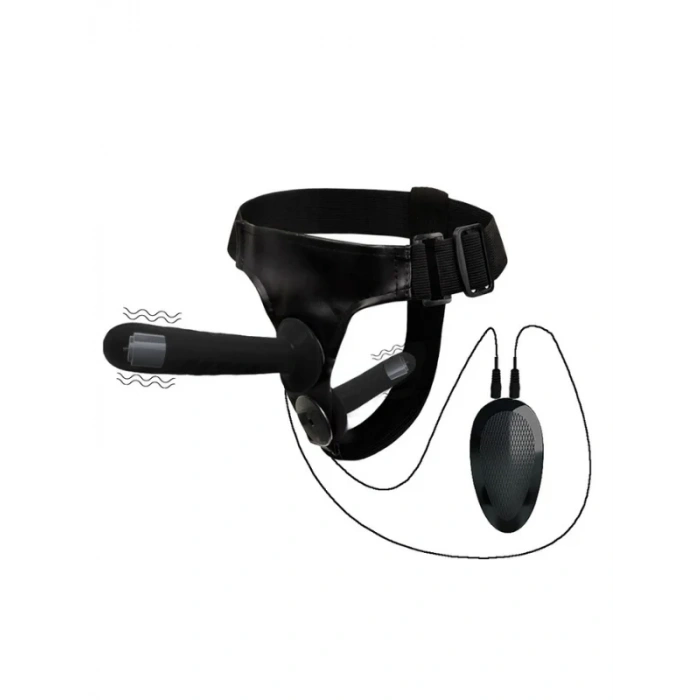 Censan Siyah Double Dong Titreşimli Belden Bağlamalı Çift Taraflı Bisex Dildo Vibratör