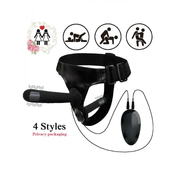 Censan Siyah Double Dong Titreşimli Belden Bağlamalı Çift Taraflı Bisex Dildo Vibratör