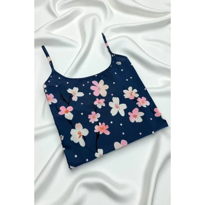 Çiçek Desenli Mavi Askılı Gecelik