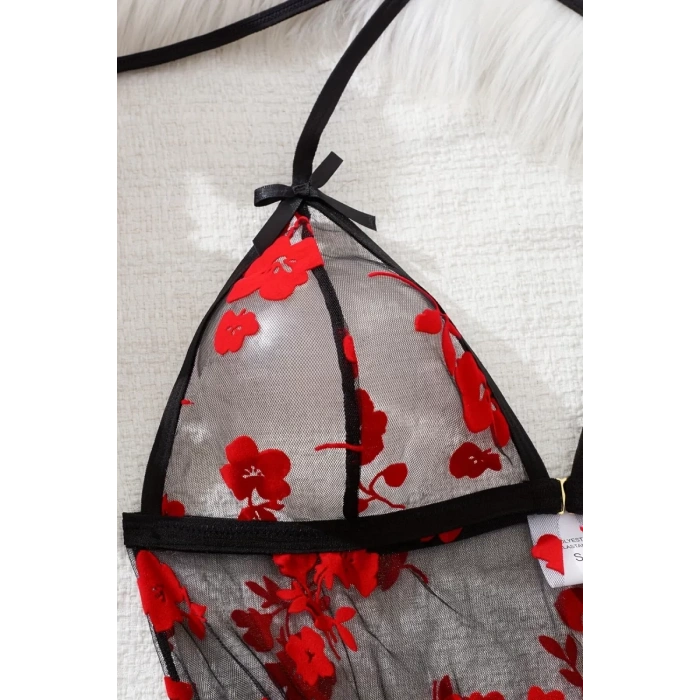 Çiçek Desenli Siyah Transparan Tül Gecelik TM1319