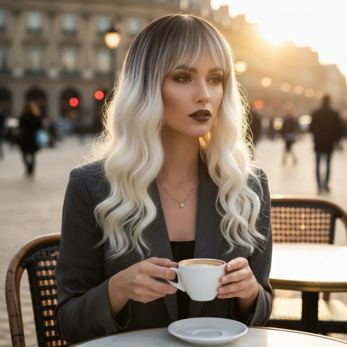 Dalgalı Kısa Perçemli Fiber Sentetik Peruk - Kahve / Beyaz Platin Ombreli