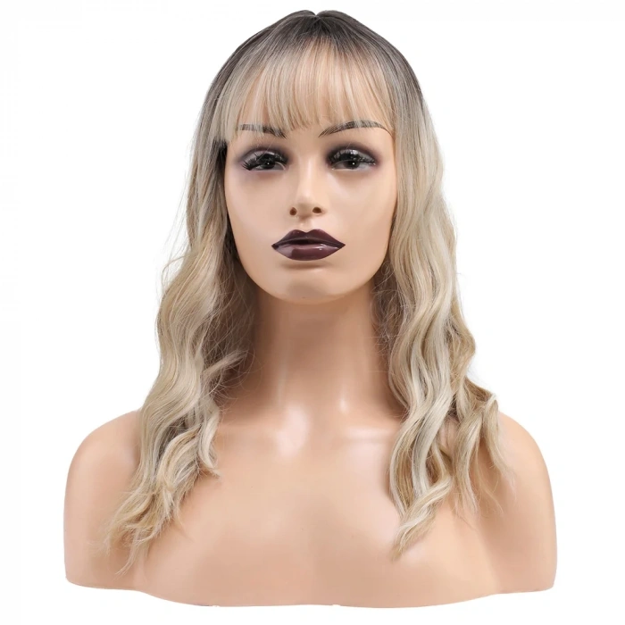 Dalgalı Kısa Perçemli Fiber Sentetik Peruk - Kahve / Platin Ombre ve Röfleli