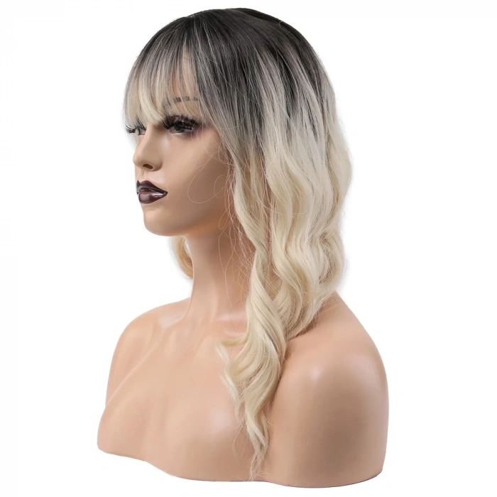 Dalgalı Kısa Perçemli Fiber Sentetik Peruk - Kahve / Platin Ombreli