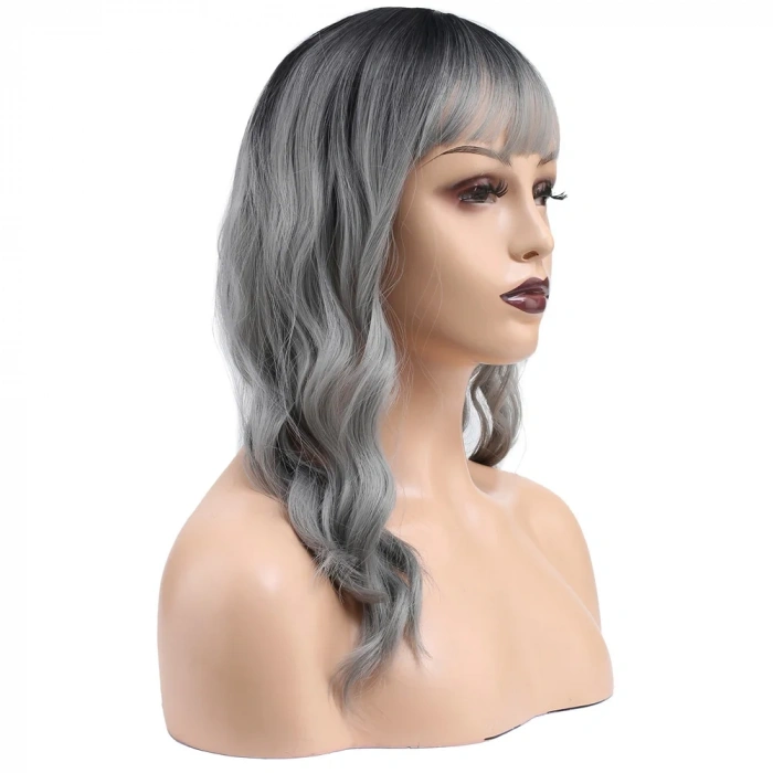 Dalgalı Kısa Perçemli Fiber Sentetik Peruk - Siyah / Gri Ombreli