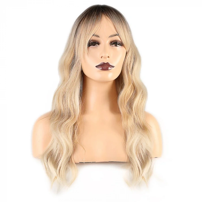 Dalgalı Perçemli Fiber Sentetik Orta Boy Peruk - Kahve Platin Röfleli