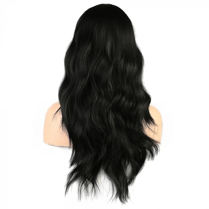 Dalgalı Perçemli Fiber Sentetik Orta Boy Peruk - Siyah