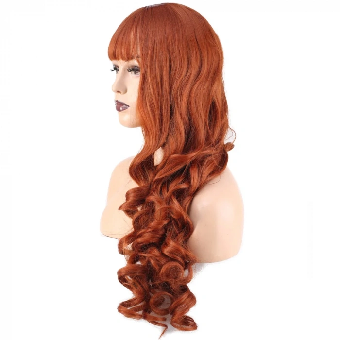 Dalgalı Perçemli Uzun Fiber Sentetik Peruk - Bakır